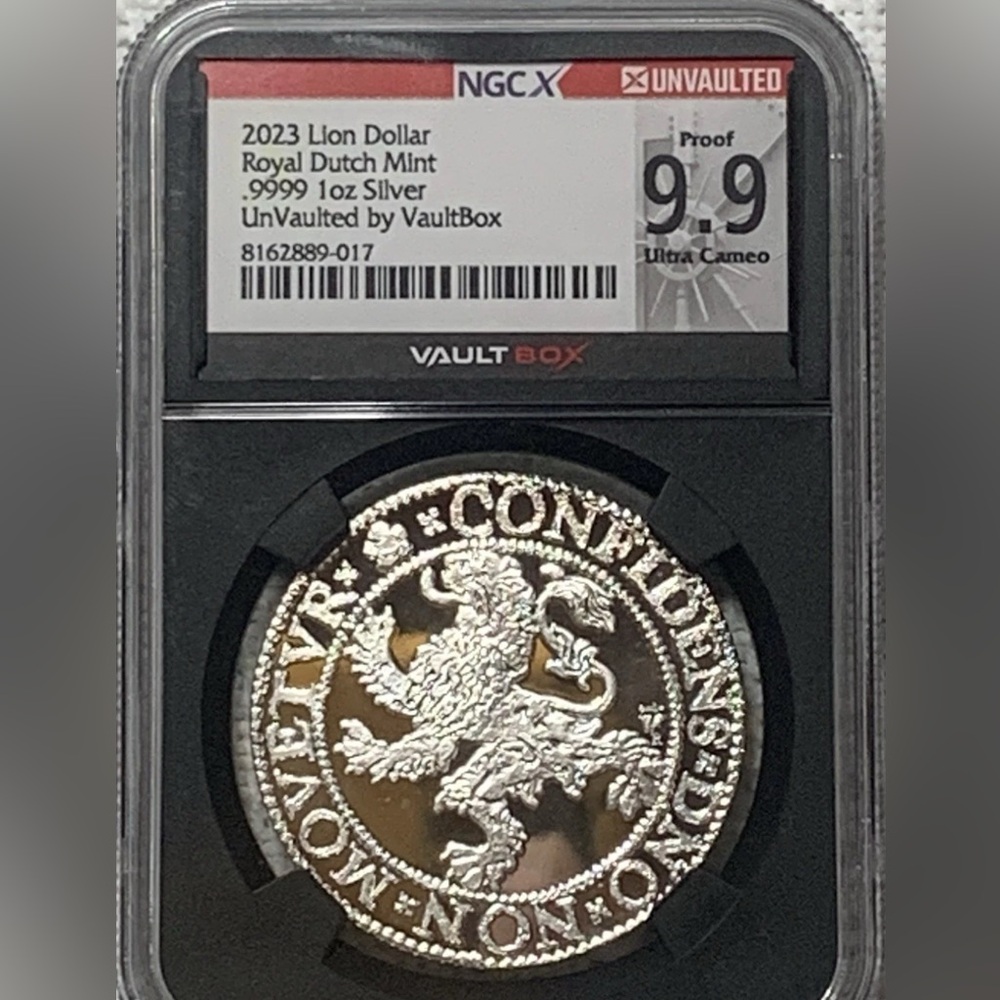 2023 1 Ounce Silver Lion Dollar struck at the Royal Dutch Mint Graded NGCX 9.9.